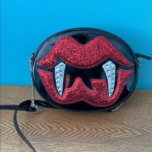 Betsey Johnson Black and Red Glitter Lip Fangs Rhinestones Crossbody Bag